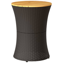 Garden Side Table Drum Shape | Black Poly Rattan & Solid Wood | Stylish Outdoor Furniture