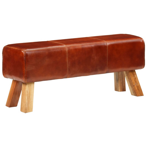 110 cm Gym Bok Bench - Premium Brown Real Leather & Solid Mango Wood