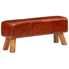 110 cm Gym Bok Bench - Premium Brown Real Leather & Solid Mango Wood