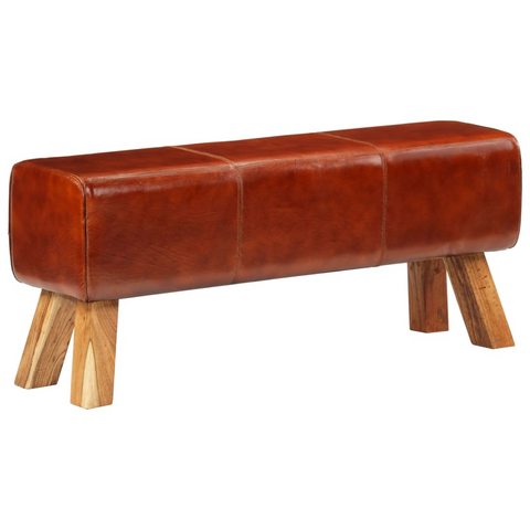 110 cm Gym Bok Bench - Premium Brown Real Leather & Solid Mango Wood