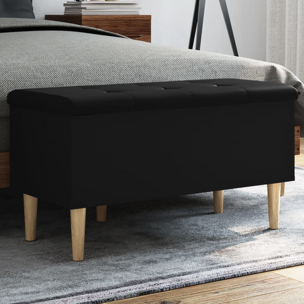 Black Storage Bench 82x42x46 cm - Engineered Wood with Cushioned Seat