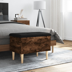 Smoked Oak Storage Bench - 62x42x46 cm | Engineered Wood with Faux Leather Cushion | Versatile Seating & Storage Solution