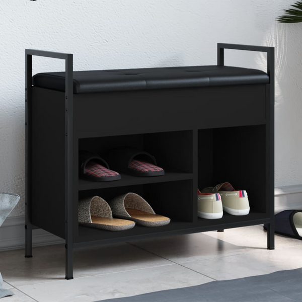 Shoe Bench with Cushion - Black, 65.5x32x57.5 cm, Engineered Wood & Metal Frame