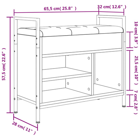 Shoe Bench with Cushion - Black, 65.5x32x57.5 cm, Engineered Wood & Metal Frame