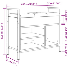 Shoe Bench with Cushion - Black, 65.5x32x57.5 cm, Engineered Wood & Metal Frame