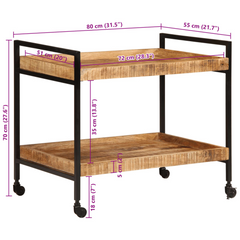 Solid Rough Mango Wood Kitchen Trolley - 80x55x70 cm, Vintage Style, Ample Storage & Easy Mobility