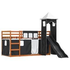 Wooden Bunk Bed with Slide for Kids, White and Black, 90x190 cm Single, Pine Wood Frame with Safety Guardrails