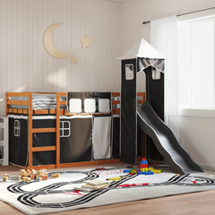 Wooden Bunk Bed with Slide for Kids, White and Black, 90x190 cm Single, Pine Wood Frame with Safety Guardrails