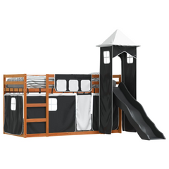 Wooden Bunk Bed with Slide for Kids, White and Black, 90x190 cm Single, Pine Wood Frame with Safety Guardrails