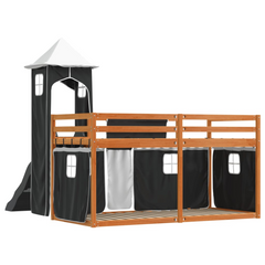 Wooden Bunk Bed with Slide for Kids, White and Black, 90x190 cm Single, Pine Wood Frame with Safety Guardrails