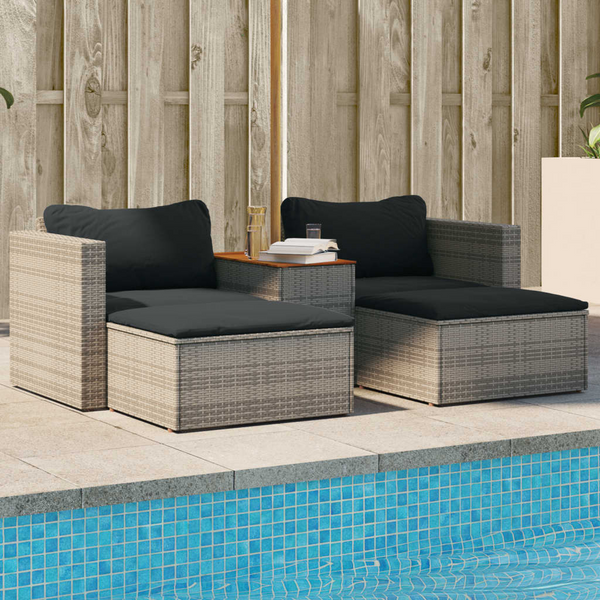 5 Piece Garden Sofa Set with Cushions - Grey Poly Rattan & Acacia Outdoor Furniture