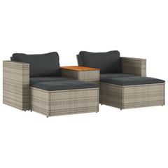 5 Piece Garden Sofa Set with Cushions - Grey Poly Rattan & Acacia Outdoor Furniture