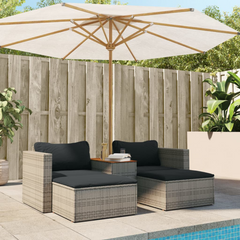 5 Piece Garden Sofa Set with Cushions - Grey Poly Rattan & Acacia Outdoor Furniture