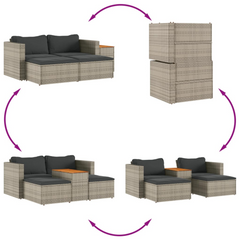 5 Piece Garden Sofa Set with Cushions - Grey Poly Rattan & Acacia Outdoor Furniture