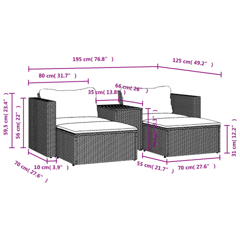 5 Piece Garden Sofa Set with Cushions - Grey Poly Rattan & Acacia Outdoor Furniture