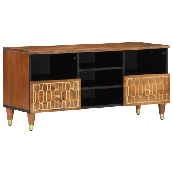 Solid Mango Wood TV Cabinet - Hand-Carved, Retro Style, 100x33x46 cm