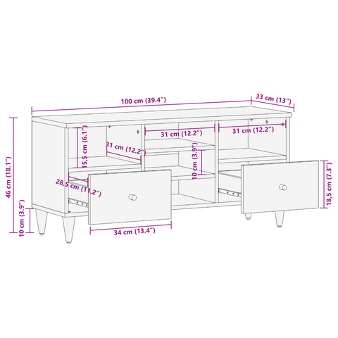 Solid Mango Wood TV Cabinet - Hand-Carved, Retro Style, 100x33x46 cm