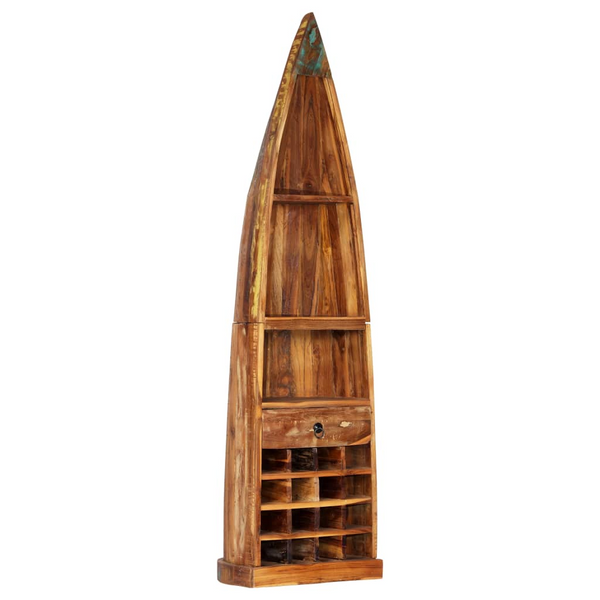 Boat-Shaped Solid Reclaimed Wood Wine Rack with 16 Bottle Compartments, Drawer, and Shelves - 50x40x180 cm