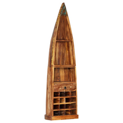 Boat-Shaped Solid Reclaimed Wood Wine Rack with 16 Bottle Compartments, Drawer, and Shelves - 50x40x180 cm