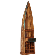 Boat-Shaped Solid Reclaimed Wood Wine Rack with 16 Bottle Compartments, Drawer, and Shelves - 50x40x180 cm