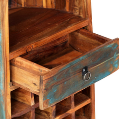 Boat-Shaped Solid Reclaimed Wood Wine Rack with 16 Bottle Compartments, Drawer, and Shelves - 50x40x180 cm