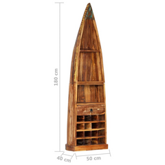 Boat-Shaped Solid Reclaimed Wood Wine Rack with 16 Bottle Compartments, Drawer, and Shelves - 50x40x180 cm