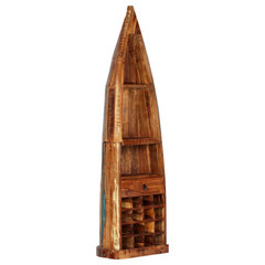 Boat-Shaped Solid Reclaimed Wood Wine Rack with 16 Bottle Compartments, Drawer, and Shelves - 50x40x180 cm