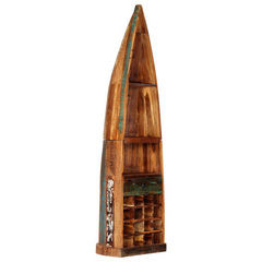 Boat-Shaped Solid Reclaimed Wood Wine Rack with 16 Bottle Compartments, Drawer, and Shelves - 50x40x180 cm