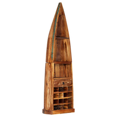 Boat-Shaped Solid Reclaimed Wood Wine Rack with 16 Bottle Compartments, Drawer, and Shelves - 50x40x180 cm