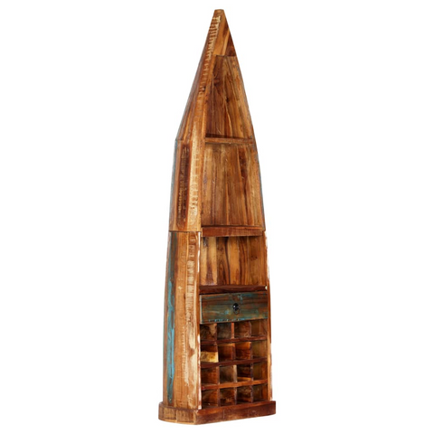 Boat-Shaped Solid Reclaimed Wood Wine Rack with 16 Bottle Compartments, Drawer, and Shelves - 50x40x180 cm