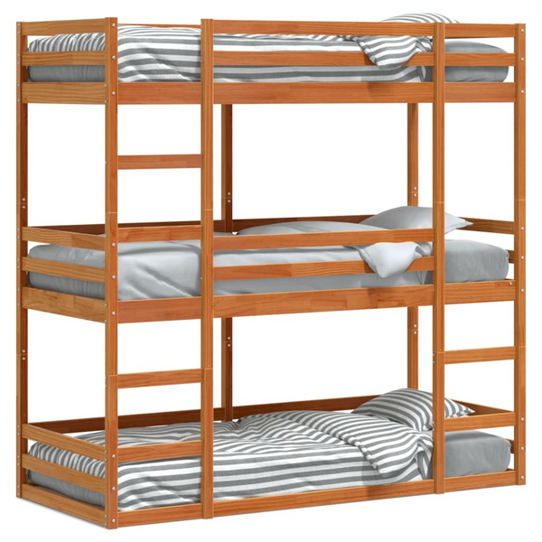 Triple Bunk Bed - Solid Pine Wood, Wax Brown Finish, 90x200 cm, Space-Saving Design