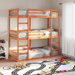 Triple Bunk Bed - Solid Pine Wood, Wax Brown Finish, 90x200 cm, Space-Saving Design