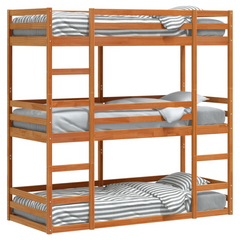 Triple Bunk Bed - Solid Pine Wood, Wax Brown Finish, 90x200 cm, Space-Saving Design