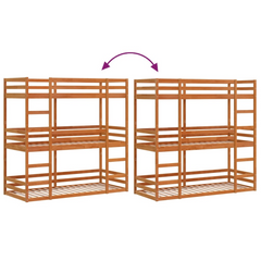 Triple Bunk Bed - Solid Pine Wood, Wax Brown Finish, 90x200 cm, Space-Saving Design