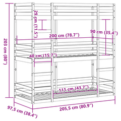 Triple Bunk Bed - Solid Pine Wood, Wax Brown Finish, 90x200 cm, Space-Saving Design