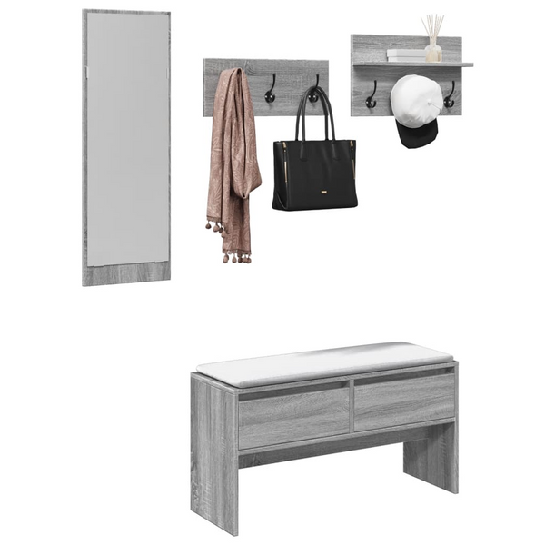 4 Piece Hallway Furniture Set in Grey Sonoma | Engineered Wood | Space-Saving Entryway Solution with Bench, Mirror & Coat Racks