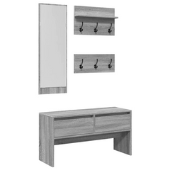 4 Piece Hallway Furniture Set in Grey Sonoma | Engineered Wood | Space-Saving Entryway Solution with Bench, Mirror & Coat Racks