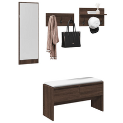 Stylish 4 Piece Hallway Furniture Set - Brown Oak Engineered Wood | Shoe Bench, Mirror & Coat Racks