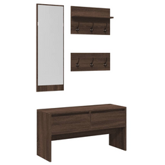 Stylish 4 Piece Hallway Furniture Set - Brown Oak Engineered Wood | Shoe Bench, Mirror & Coat Racks