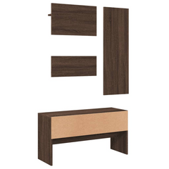 Stylish 4 Piece Hallway Furniture Set - Brown Oak Engineered Wood | Shoe Bench, Mirror & Coat Racks