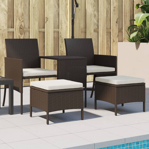 Stylish Garden Sofa Set: 2-Seater with Central Table & Stools – Durable Brown Poly Rattan Outdoor Furniture