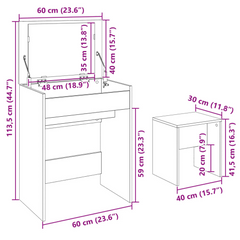 White Dressing Table and Stool with Mirror - 60x40x113.5 cm, Engineered Wood & Glass