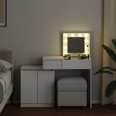 Dressing Table with LED Lights - Modern White Vanity Desk, 1 Drawer & 5 Compartments, 115x37x110.5 cm