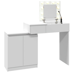 Dressing Table with LED Lights - Modern White Vanity Desk, 1 Drawer & 5 Compartments, 115x37x110.5 cm