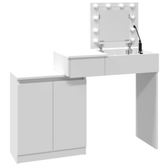 Dressing Table with LED Lights - Modern White Vanity Desk, 1 Drawer & 5 Compartments, 115x37x110.5 cm