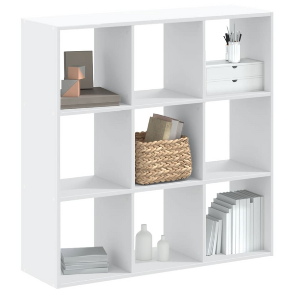 White Engineered Wood Bookcase - 102x32x102 cm | 9 Compartments, Sturdy & Spacious Storage