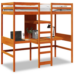 Loft Bed Frame without Mattress in Wax Brown - Solid Pine Wood, 80x200cm, Space-Saving Design for Kids & Teens