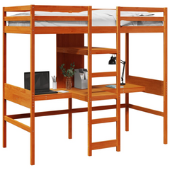 Loft Bed Frame without Mattress in Wax Brown - Solid Pine Wood, 80x200cm, Space-Saving Design for Kids & Teens