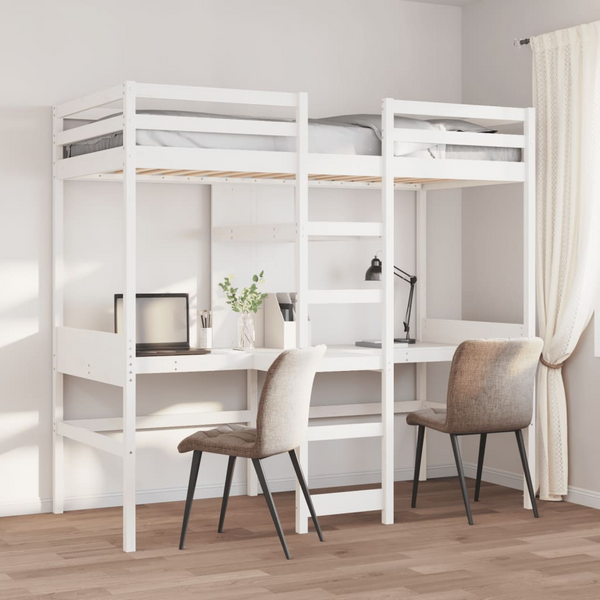 Loft Bed Frame | Solid Pine Wood | White | 90x190cm | Space-Saving with Desks & Shelves