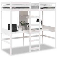 Loft Bed Frame | Solid Pine Wood | White | 90x190cm | Space-Saving with Desks & Shelves